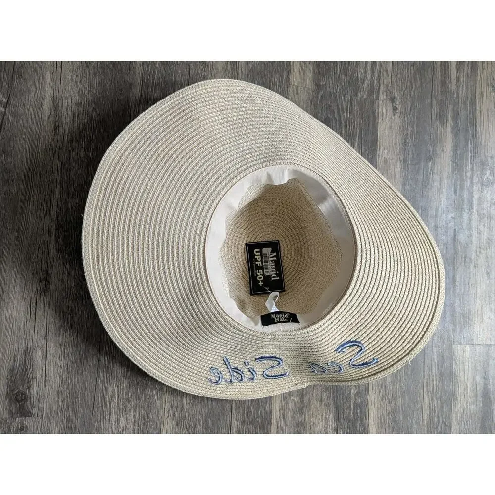 NEW! Sea Side Destin FL Floppy Sun Hat Natural One Size Embroidered UPF 50